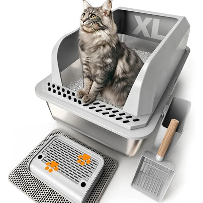 Stainless Steel Cat Litter Box with Lid, XL Enclosed Pan with High Sides