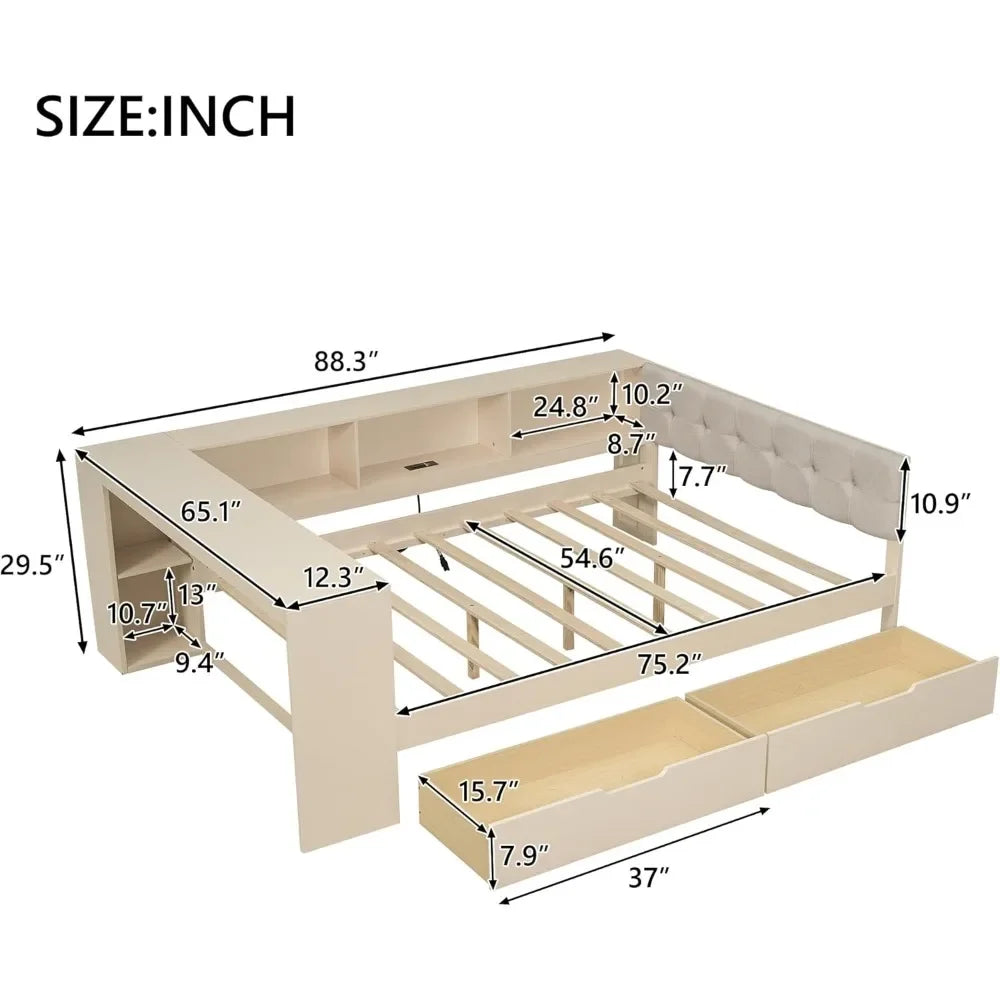 Full Size Wood Daybed with Storage Shelves Built in Desk and Upholstered Headboard