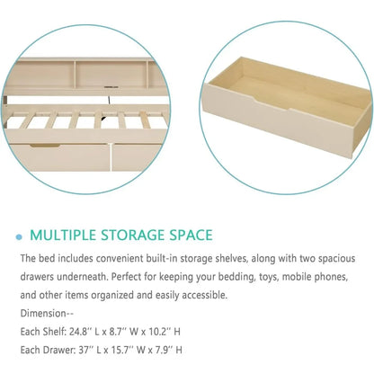Full Size Wood Daybed with Storage Shelves Built in Desk and Upholstered Headboard