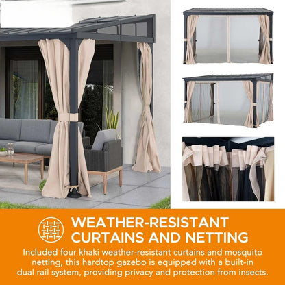12 x 14 ft Wall Mounted Gazebo with Powder Coated Steel Roof and Curtains