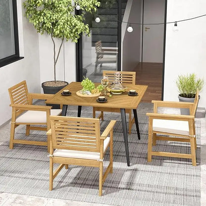 42.5 inch 4-Person Wood Patio Table, 1.9 " Umbrella Hole, Metal Legs & Adjustable Foot Pads