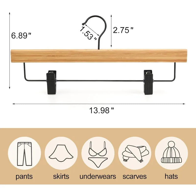 20 Pack Pants/Skirts Bamboo Hangers  with Black Clips and Rotatable Hook