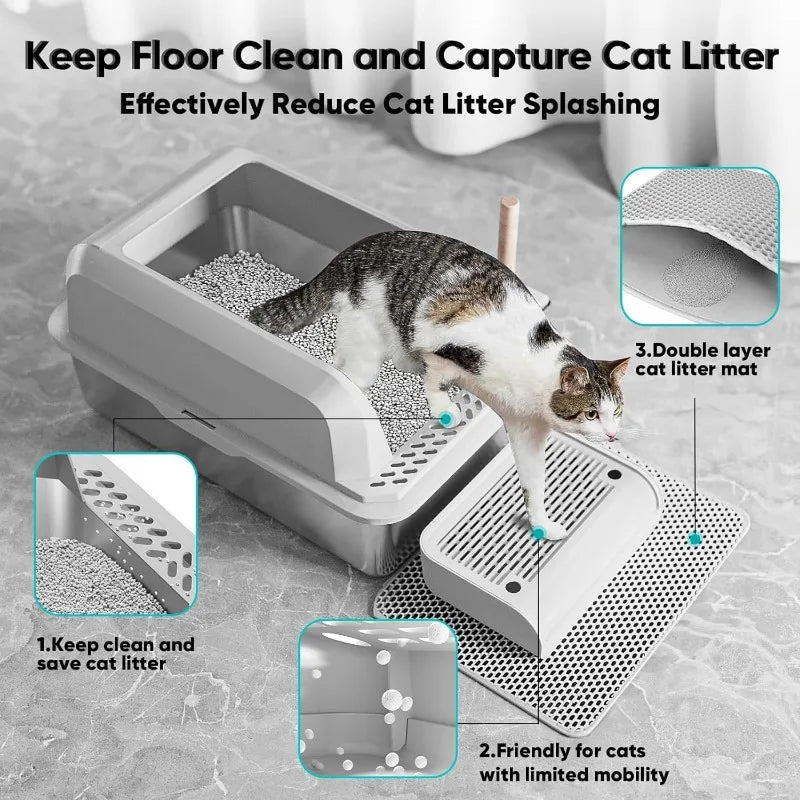 Stainless Steel Cat Litter Box with Lid, XL Enclosed Pan with High Sides