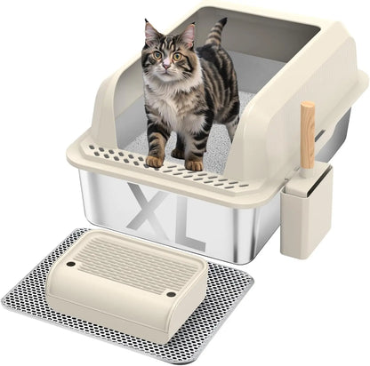 Stainless Steel Cat Litter Box with Lid, XL Enclosed Pan with High Sides