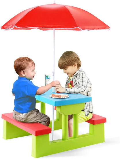 Kids/Toddler Plastic Picnic Table & Bench Set with Umbrella