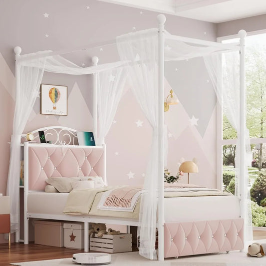 Twin Upholstered Canopy Bed Frame with 2 Drawers & Crystal Tufted Storage Headboard, Pink Princess Bed, Curtain Not Included