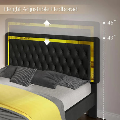 Full/Queen Size Platform Bed Frame w/Velvet Upholstered Headboard & Foot board No Box Spring Need