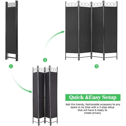 4 Panel Room Divider 6FT Steel Frame Screen Folding Privacy Divider Freestanding Partition for Home Office Bedroom