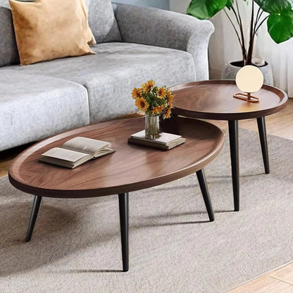 Mid Century Modern Coffee Table, Oval+ Round Side Table Set