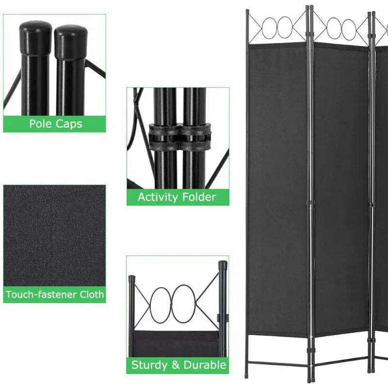 4 Panel Room Divider 6FT Steel Frame Screen Folding Privacy Divider Freestanding Partition for Home Office Bedroom