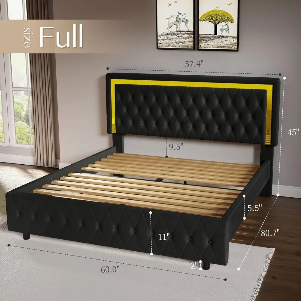 Full/Queen Size Platform Bed Frame w/Velvet Upholstered Headboard & Foot board No Box Spring Need