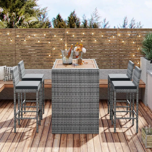 5-pieces Patio Wicker Bar Set With Removable Cushions