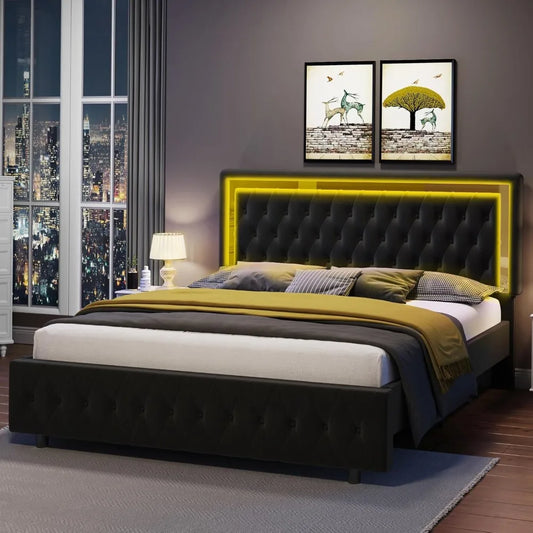 Full/Queen Size Platform Bed Frame w/Velvet Upholstered Headboard & Foot board No Box Spring Need