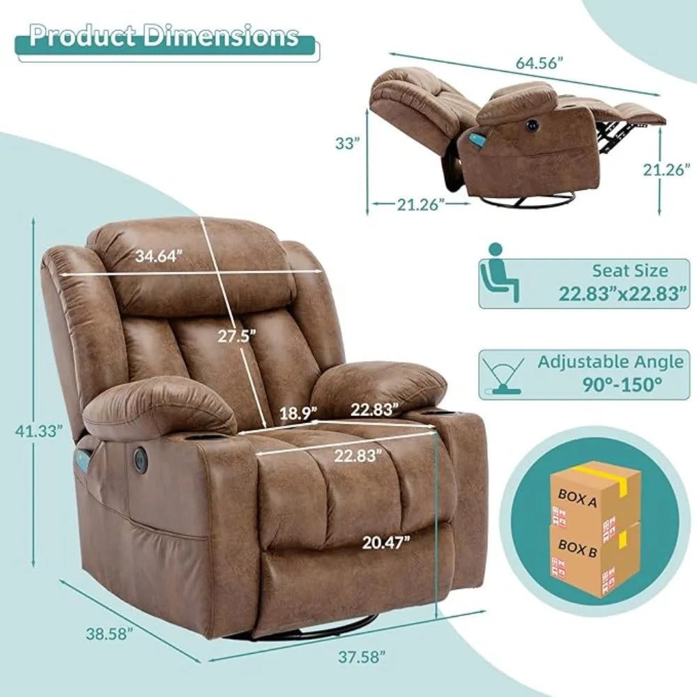 Swivel Rocker/Glider with Massage, Heat and Vibration, 360° Lounge Reclining Chair