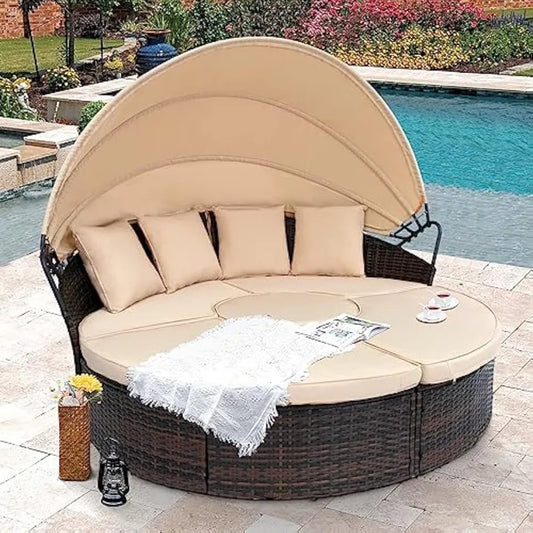 Patio Round Daybed with Retractable Canopy