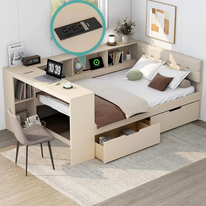 Full Size Wood Daybed with Storage Shelves Built in Desk and Upholstered Headboard