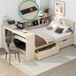Full Size Wood Daybed with Storage Shelves Built in Desk and Upholstered Headboard