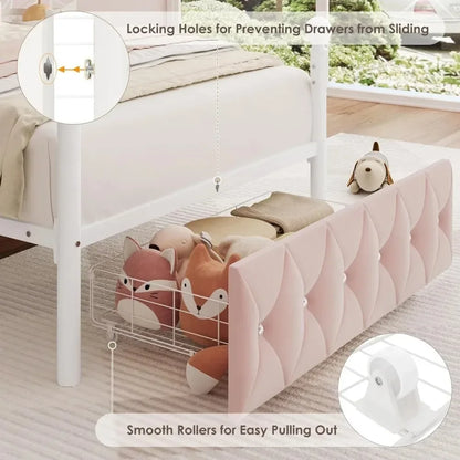 Twin Upholstered Canopy Bed Frame with 2 Drawers & Crystal Tufted Storage Headboard, Pink Princess Bed, Curtain Not Included