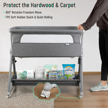 Baby Bassinet With Storage Basket, Beside Sleeper And Wheels to Reduce Mom's Fatigue