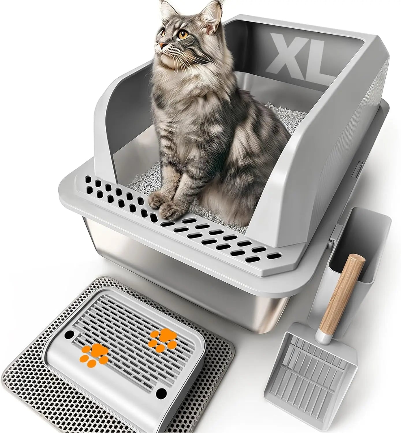 Stainless Steel Cat Litter Box with Lid, XL Enclosed Pan with High Sides