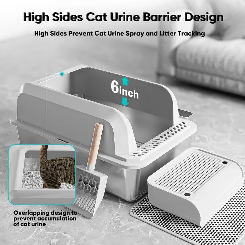 Stainless Steel Cat Litter Box with Lid, XL Enclosed Pan with High Sides