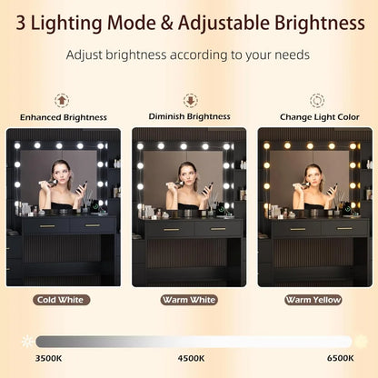 58.3" Makeup Vanity Desk with Mirror, Lights, Charging Station & Cushioned Stool