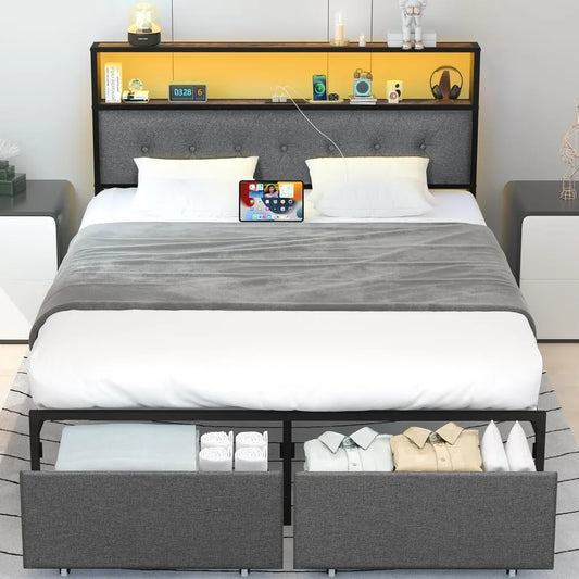 Queen/Full Bed Frame with Headboard, Heavy Duty with 2 Storage Drawers, Charging Station & LED Light,