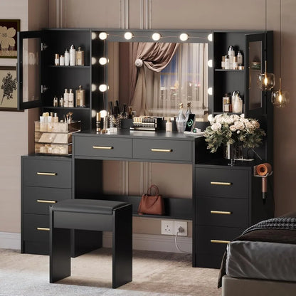 58.3" Makeup Vanity Desk with Mirror, Lights, Charging Station & Cushioned Stool