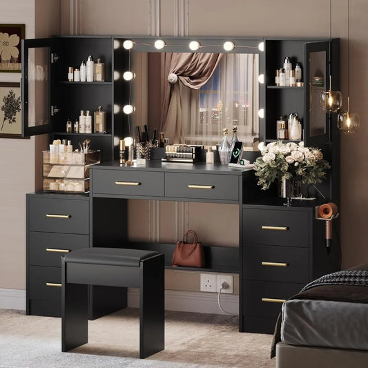 58.3" Makeup Vanity Desk with Mirror, Lights, Charging Station & Cushioned Stool