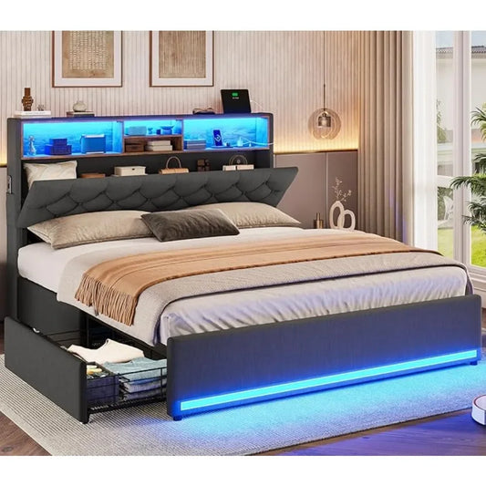 Queen/Twin Bed Frames w/Headboard & 4 Drawers, LED Charging Station