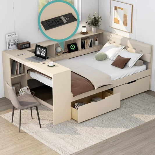 Full Size Wood Daybed with Storage Shelves Built in Desk and Upholstered Headboard