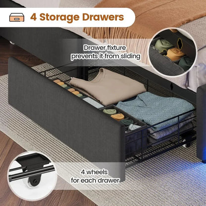 Queen/Twin Bed Frames w/Headboard & 4 Drawers, LED Charging Station