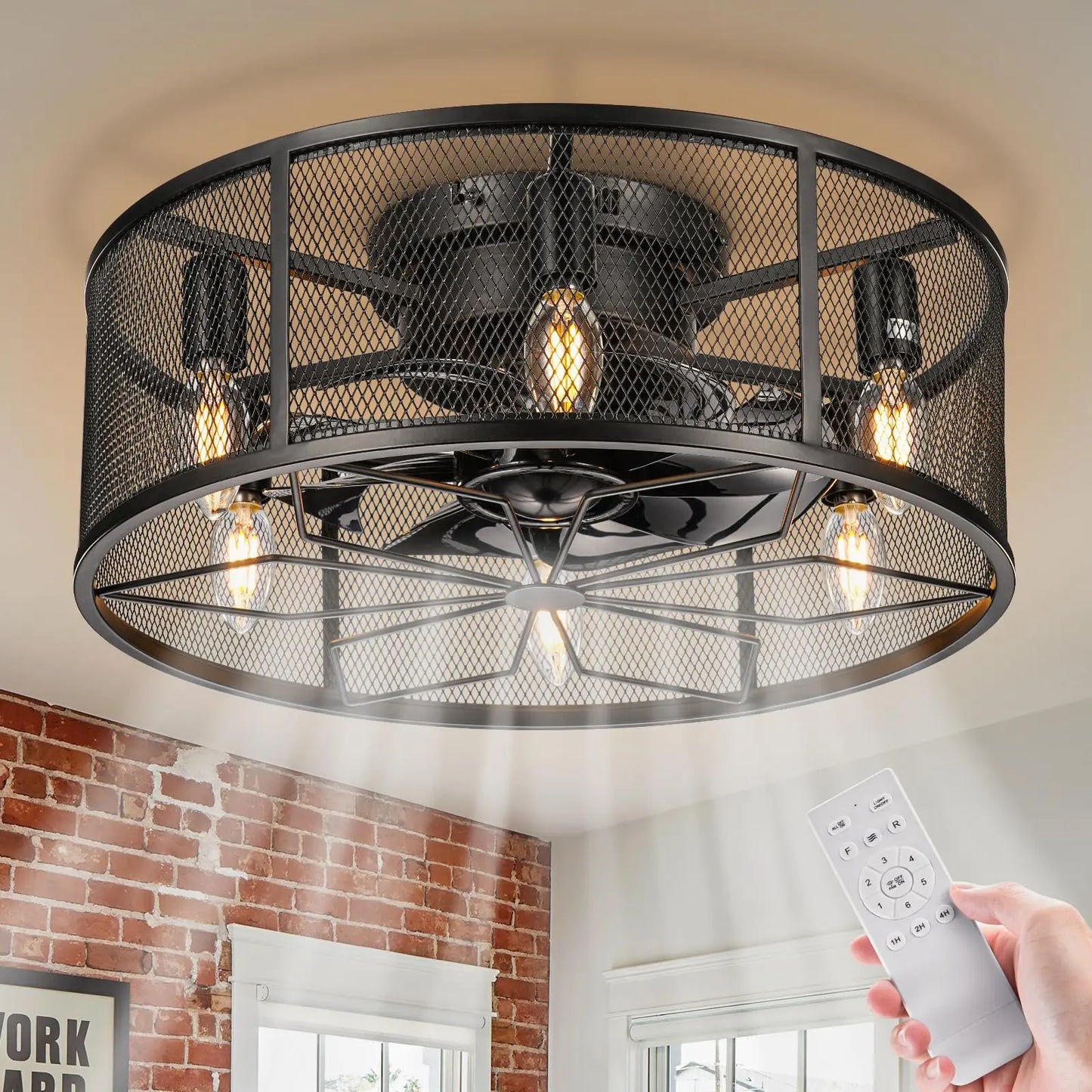 18'' Black Caged Ceiling Fan with Lights & Remote Control