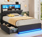 Queen/Twin Bed Frames w/Headboard & 4 Drawers, LED Charging Station