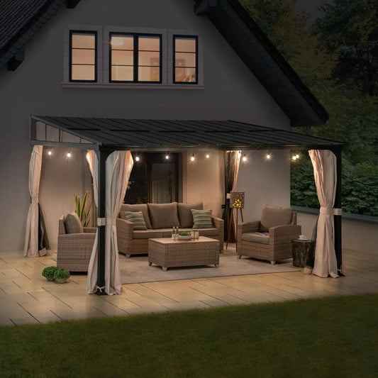 12 x 14 ft Wall Mounted Gazebo with Powder Coated Steel Roof and Curtains
