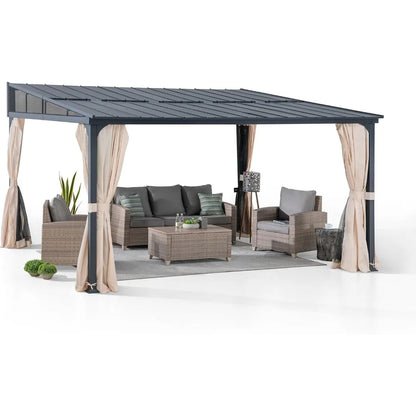 12 x 14 ft Wall Mounted Gazebo with Powder Coated Steel Roof and Curtains