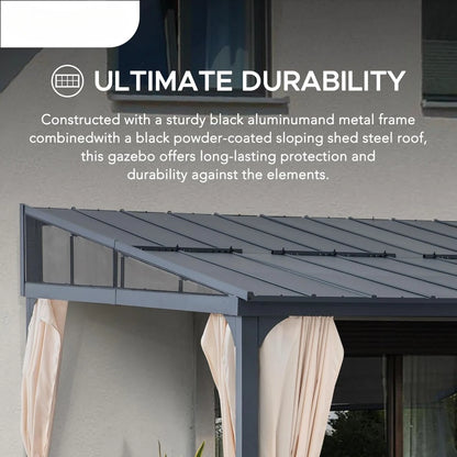 12 x 14 ft Wall Mounted Gazebo with Powder Coated Steel Roof and Curtains