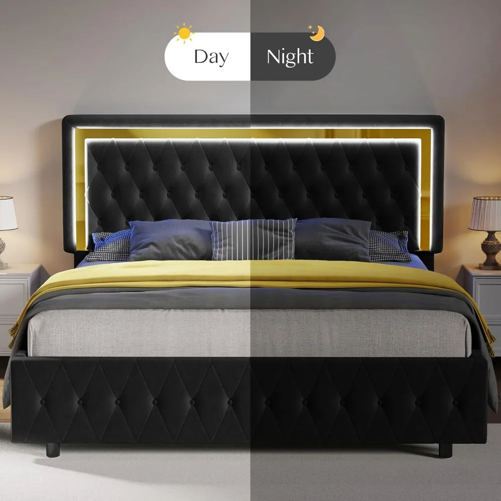 Full/Queen Size Platform Bed Frame w/Velvet Upholstered Headboard & Foot board No Box Spring Need