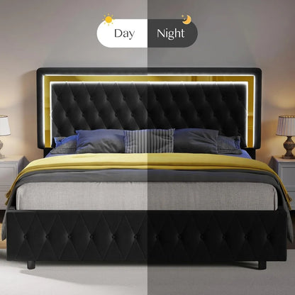 Full/Queen Size Platform Bed Frame w/Velvet Upholstered Headboard & Foot board No Box Spring Need