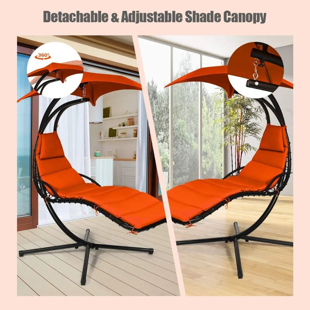 Hanging Chaise Lounger Chair with Stand, Canopy and Cushions