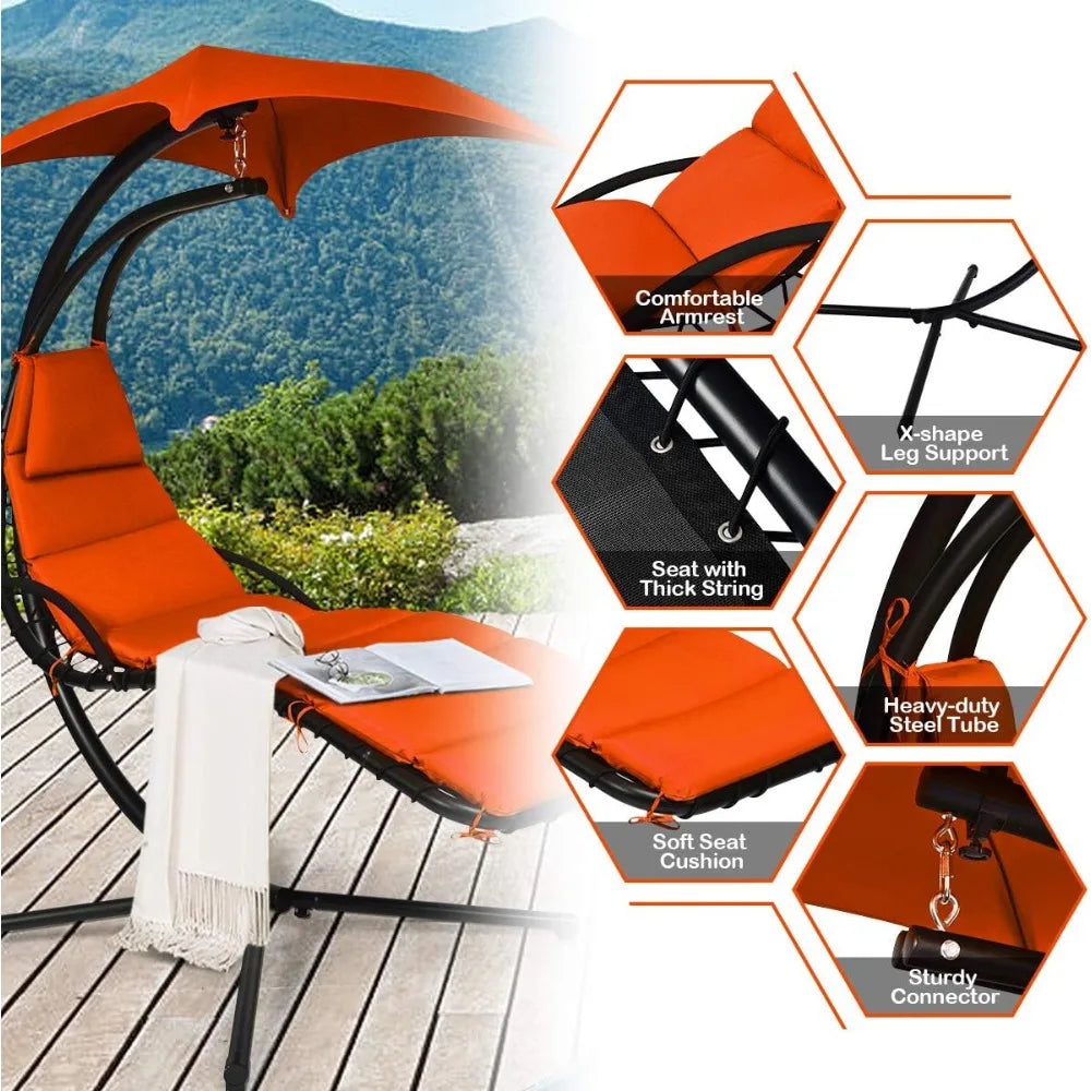 Hanging Chaise Lounger Chair with Stand, Canopy and Cushions