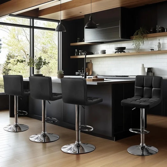 4 Modern Swivel Bar Chairs/Stools Set, Leather, Adjustable with Back