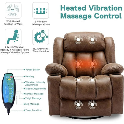 Swivel Rocker/Glider with Massage, Heat and Vibration, 360° Lounge Reclining Chair