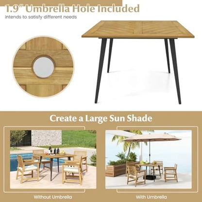 42.5 inch 4-Person Wood Patio Table, 1.9 " Umbrella Hole, Metal Legs & Adjustable Foot Pads