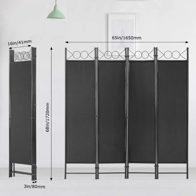 4 Panel Room Divider 6FT Steel Frame Screen Folding Privacy Divider Freestanding Partition for Home Office Bedroom