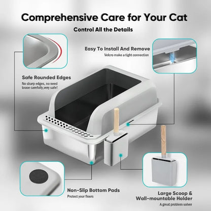 Stainless Steel Cat Litter Box with Lid, XL Enclosed Pan with High Sides