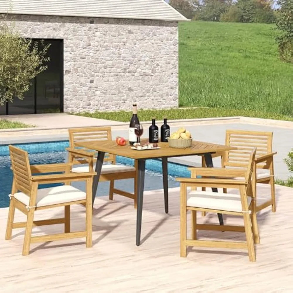 42.5 inch 4-Person Wood Patio Table, 1.9 " Umbrella Hole, Metal Legs & Adjustable Foot Pads
