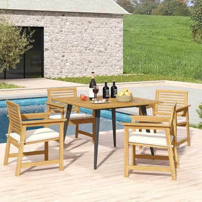 42.5 inch 4-Person Wood Patio Table, 1.9 " Umbrella Hole, Metal Legs & Adjustable Foot Pads