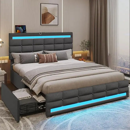 Queen Bed Frame w/Drawers, Charging Station & LED Lights









Queen Pu Leather Bed Frame with Drawers, LED Lights & Charging Station