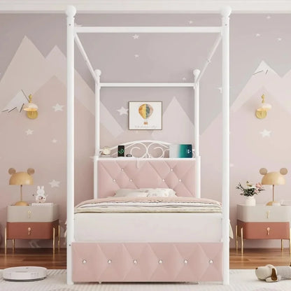 Twin Upholstered Canopy Bed Frame with 2 Drawers & Crystal Tufted Storage Headboard, Pink Princess Bed, Curtain Not Included